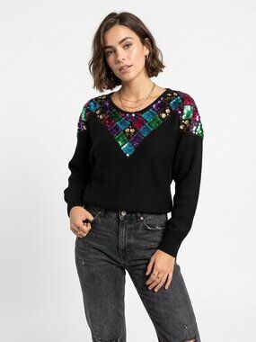 Vintage 80s DIVERSITY Multi Sequin Geometric Black Cotton Sweater MP